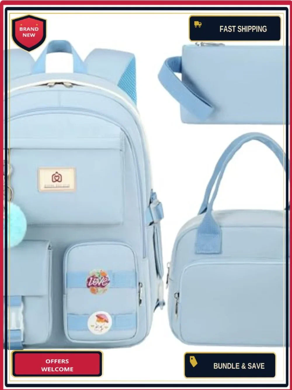 Hidds School Backpack Set with Lunch Box Nylon Teen Girls